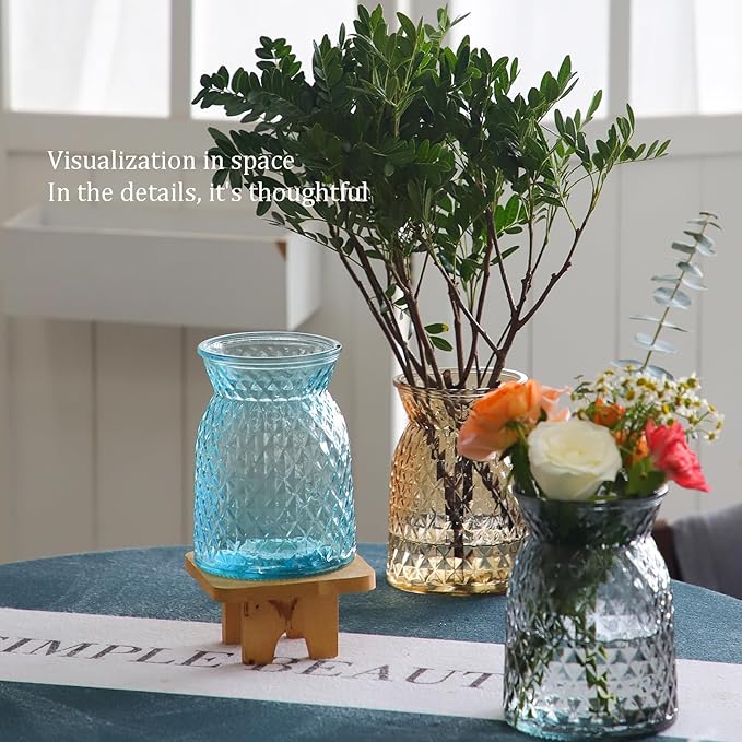 OFFIDIX Glass Vase,6.5 * 4.5in Large Mouth Shape Geometric Faceted Design Flower Vase for Weddings,Events,Decorating,Office,Home Decor