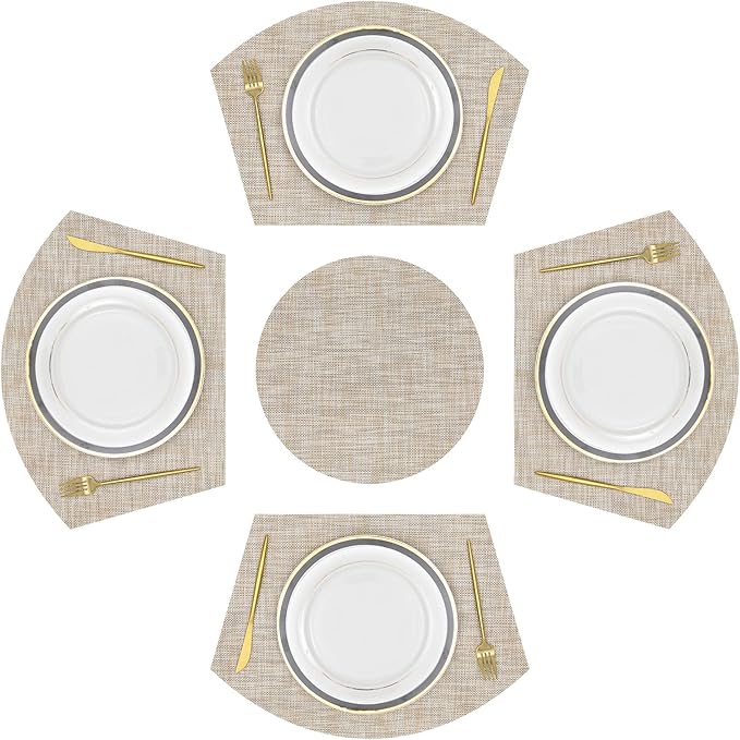 SHACOS Large Size Wedge Shape Placemats with Centerpiece Round Mat Set of 5 Round Table Place Mats Washable Dining Table Placemats Reversible, Beige