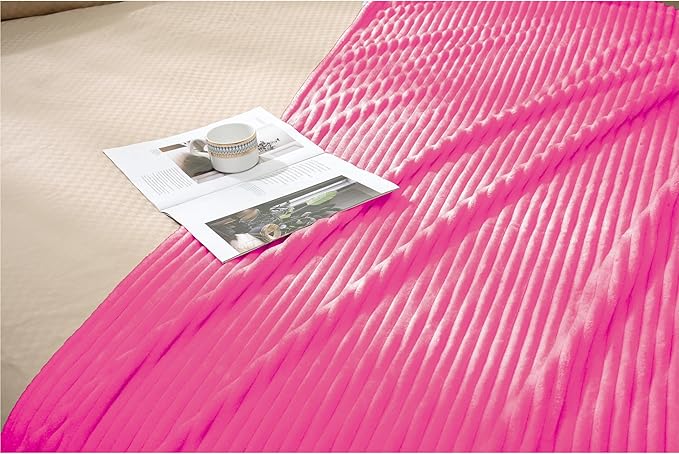 Vessia Flannel Fleece Twin Blanket for Couch,Sofa,Bed, 300GSM Striped 60x80 inch Hot Pink Blanket for Adults and Kids, Super Soft Warm Cozy Lightweight Ribbed Throw for All-Season