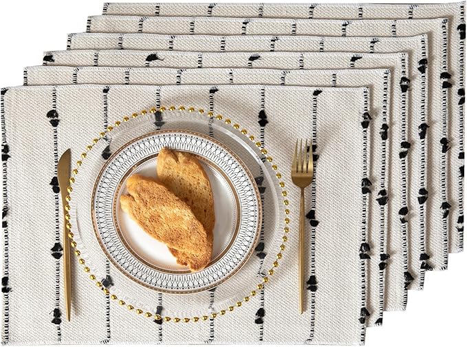 Boho Placemats Set of 6 for Dining Table Decor, Woven Cloth Place Mats for Farmhouse Rustic Kitche Home Decor, Cotton Placemats 13 x 19 Inch, Black and Beige Table mats