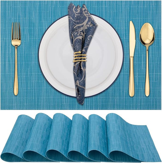 Winknowl Placemats Set of 6, Heat Resistant Stain Resistant Woven Vinyl Insulation Place mats, Durable Washable Elegant Table Mats for Kitchen Dining Table Decor (Teal Blue)