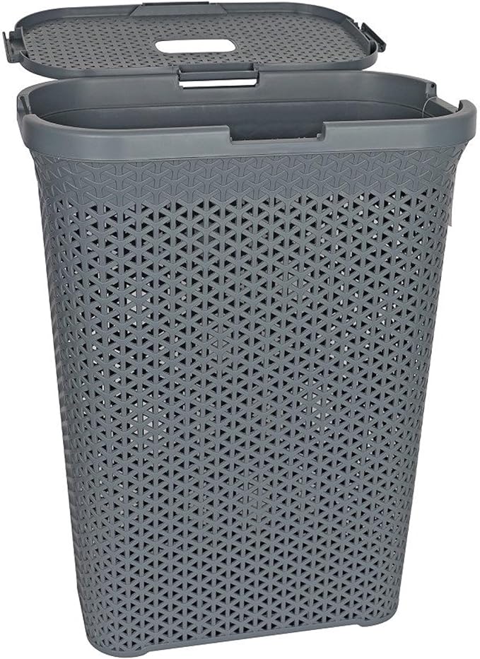 YBM Home Plastic Rattan Laundry Hamper Basket with Hinged Lid, Ventilation Holes, Durable, Lightweight Bin With Cutout Handles, Storage Dirty Clothes, Space Saver, 10.5" x 17.5" x 23.75", Grey, 3-Pack