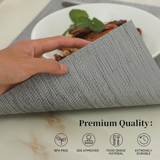 Leetaltree Grey Placemats, Heat Resistant Non-Slip Place mats for Dining Table, Washable Durable PVC Vinyl Woven Table Mats (Set of 20)