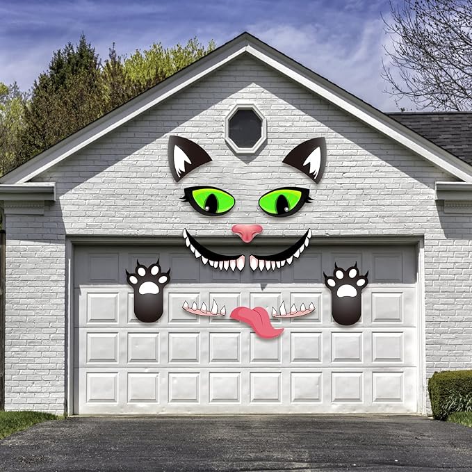 POILKMNI Halloween Black Cat Trunk or Treat Car Decorations Kit, Halloween Garage Door Decorations with Eyes, Fangs, Tongue, Nostrils Double Side Stickers for Car SUV Truck, Halloween Decorations