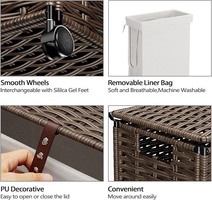 Rolling Laundry Hamper with Wheels and Lid, 90L Slim Laundry Basket with Removable Bag, Foldable Handwoven Rattan Laundry Sorter, Narrow Dirty Clothes Basket Organizer, No Assembly, Vintage