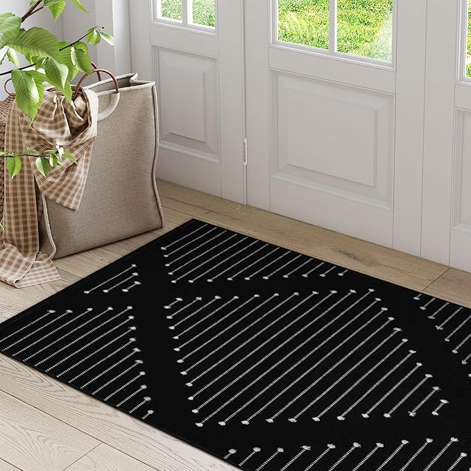 LIVEBOX Boho Black Rug for Kitchen,3' x 5' Washable Area Rug for Entryway,Moroccan Cotton Throw Rugs Morden Indoor Carpet Door Mat for Bedroom Laundry Room Hallway
