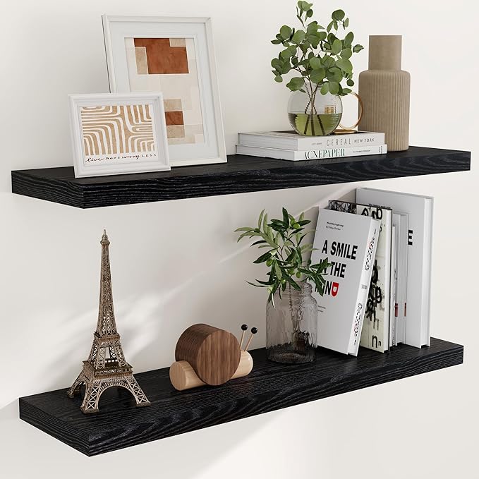 Fun Memories 40 Inch Black Floating Shelves, 9 Inch Deep Floating Shelves Wall Mounted, Rustic Wood Wall Shelves 40 x 9, Deep Wall Shelf for Bedroom, Living Room, Kitchen Storage & Display, Set of 2