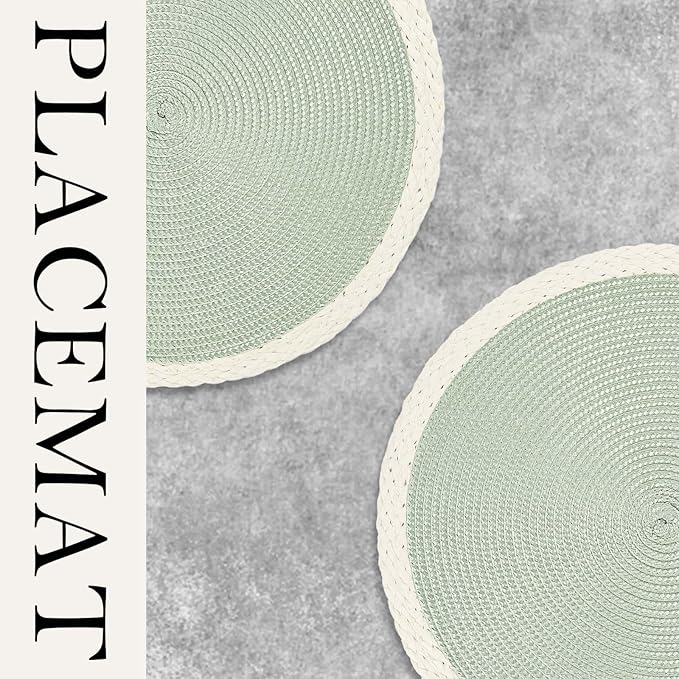 Noctiflorous Round Braided Placemats Set of 8 Table Mats 15 Inches Washable Heat Resistant for Dining Table Non-Slip Indoor Outdoor Place Mats for Easter(02 White Edge Green 8)