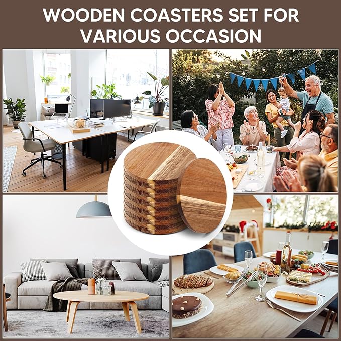 24PCS Wood Coasters Round Wooden Coasters for Drinks Coffee Table with Non-Slip Pad Acacia Cup Coasters for Coffee Home Kitchen 4 Inch Round