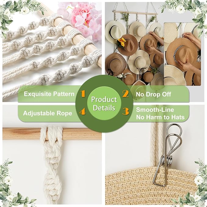 Macrame Hat Rack for Wall 31x53 in Hat Organizer with 15 Clips Hanging Hat Hangers for Wide Brimmed Hat Display Women Hat Storage Boho Hat Hanger Decorative Hat Holder for Fedora Cowboy Hat