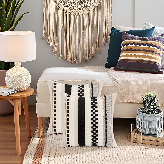 Tosleo Boho Throw Pillow Covers 18x18 Set of 2 Striped Decorative Pillow Cases Accent Chenille Pillowcases Farmhouse Cushion Case Bohemian Nuetral Textured Pillow Cover,Black and Beige