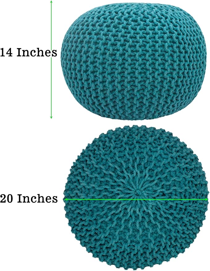 COTTON CRAFT Round Pouf - Hand Knitted Cotton Braid Cord Cable Dori Ottoman - Foot Stool - Floor Pouf Footrest Accent Seat Furniture Bean Bag - Living Room Kids Room Nursery Dorm Décor - 20x14 - Teal