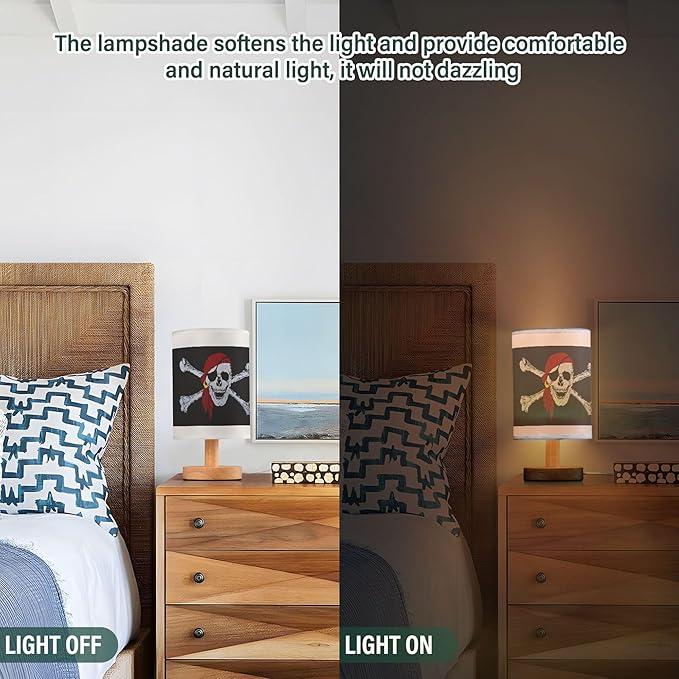 Table Lamp Pirate Skull Crossbones Nightstand Lamp with Wood Base Fabric Lamp Shade Bedside Desk Lamp for Living Room Bedroom Kids Room Office