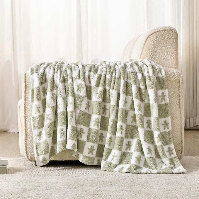EMME Checkered Blanket Twin Size - 60"x80" Green Knit Blanket Soft Fluffy Patterned Throw Blankets for Couch, Sofa, Chair, Bed, Camping, Picnic, Travel