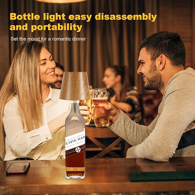 Wireless Bottle Lamp,2025 New 3 Color Rechargeable Wine Bottle Lights for Bars Restaurants (Original Wood Color)