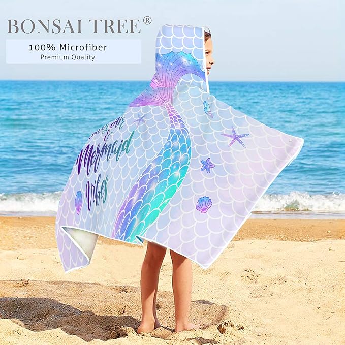Mermaid Kids Hooded Beach Towel, Mermaid Tail Microfiber Hooded Poncho Towel for Girls 30?x50?? Mermaid Scales Pink Soft Absorbent Bath Towels Bathrobe with Hood for Swin Pool