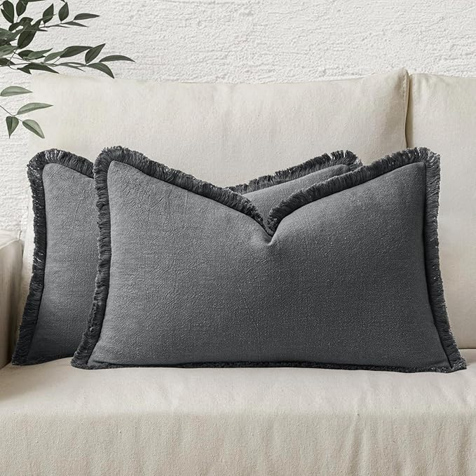 MIULEE Decorative Lumbar Throw Pillow Covers Neutral Linen Fringe Throw Pillows Set of 2 Dark Grey Boho Farmhouse Cushion Covers for Couch Sofa Bed Living Room Spring Home Decor 12x20 Inch