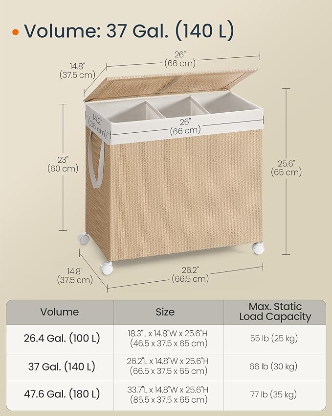 SONGMICS HOME Laundry Hamper with 3 Section, Large 140 L Rolling Laundry Basket with Wheels, Rattan Clothes Basket with Lid, Removable Liner with Handles, Natural Beige and Matte White ULCB602N01