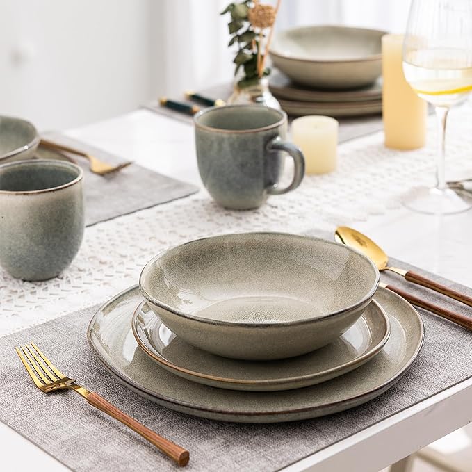 AmorArc Ceramic Dinnerware Sets of 8,Handmade Reactive Stoneware Glaze Plates and Bowls Sets,Highly Scratch Resistant | Dishwasher & Microwave Safe,Service for 8 Dishes Set (24pc)