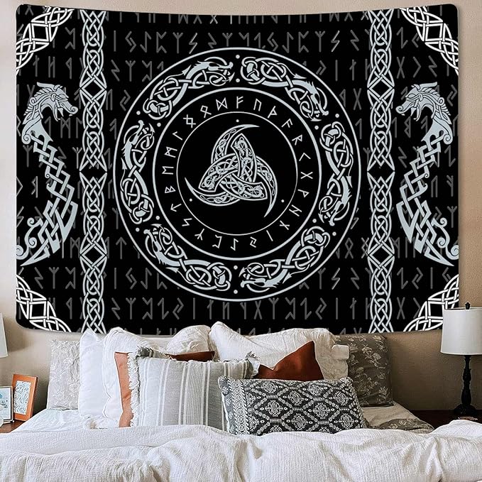 Norse Tapestry, Viking Tapestry Wall Hanging Raven Ancient Rune Dragon Totem Norse Mythology Tapestries, Black White Mystical Geometric Norse Mythology Tapestry Wall Hanging for Living Room Bedroom Decor, 60x40 Inch