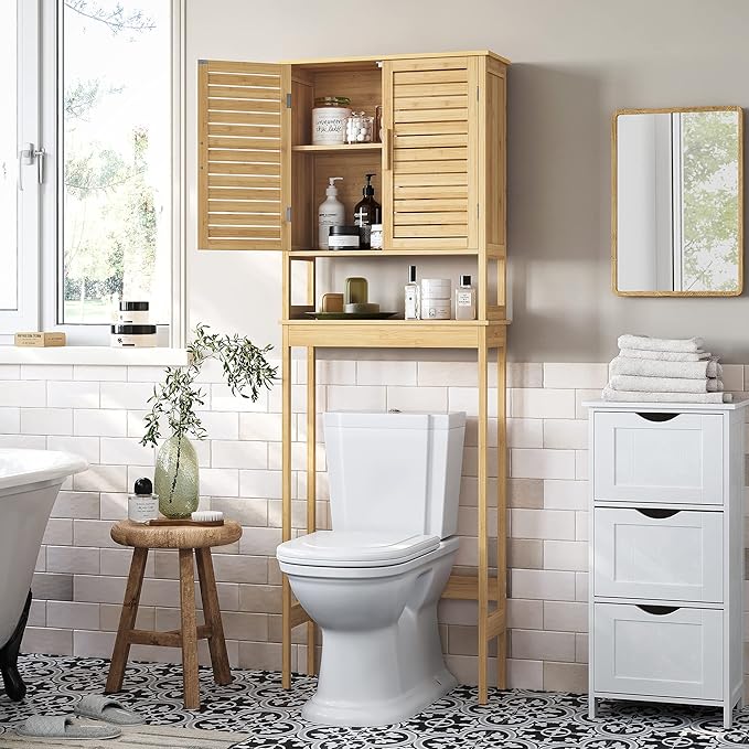 SONGMICS Over The Toilet Storage Cabinet, Bathroom Cabinet with Adjustable Inside Shelf and Bottom Stabilizer Bar, Space-Saving Toilet Rack, Natural Beige UBTS010N01