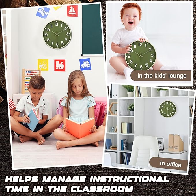 Inbagi 8 Pcs Wall Clock Large Silent Battery Operated Wall Clocks Modern Non Ticking Wall Clocks Bulk Decorative for Kitchen Office Living Room Home Bathroom Bedroom Classroom (Green,12 Inch)