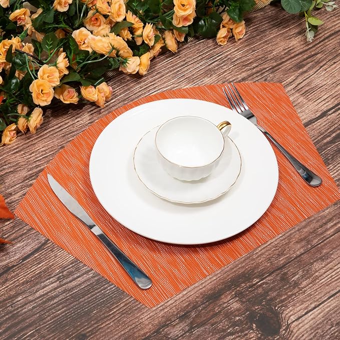 SHACOS Small Round Table Placemats Set of 4 Wedge Placemats Heat Resistant Woven Vinyl Table Mats Wipe Clean (4, Orange)