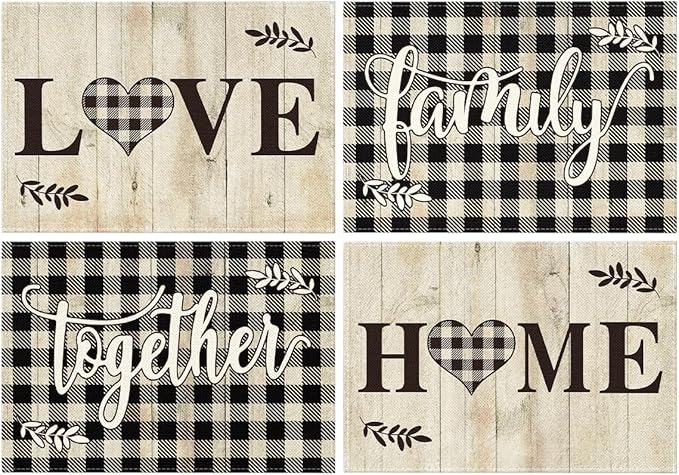 Artoid Mode Love Family Home Together Buffalo Plaid Placemats Set of 4, 12x18 Inch Farmhouse Table Mats Party Kitchen Dining Decoration