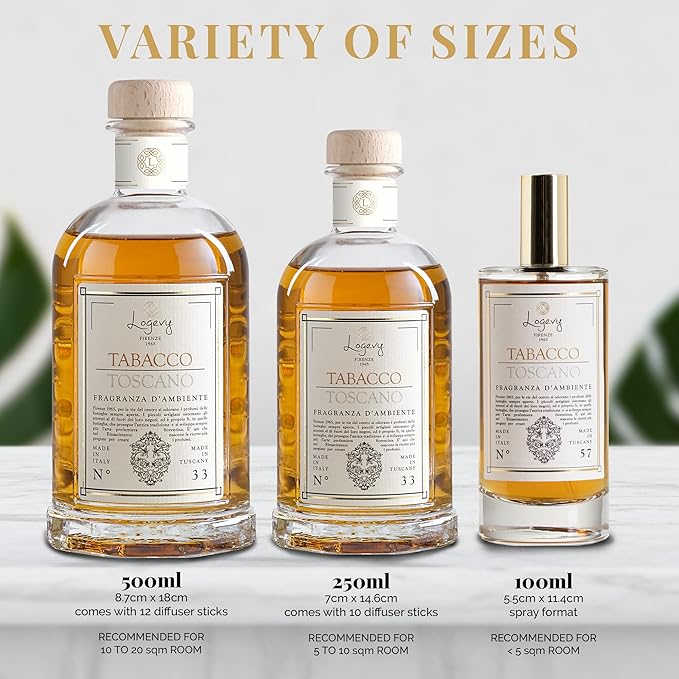 Logevy Firenze 1965 Tabacco Toscano – Tuscan Tobacco Luxury Home Fragrance Diffuser from Master Perfumer in Italy with Sweet Musky Notes in Elegant Glass Bottle with 12 Natural Bamboo Reeds – 500ml