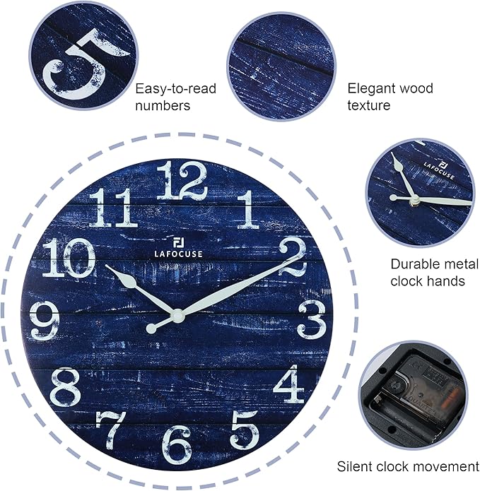 Lafocuse 12 Inch Silent Navy Blue Wall Clocks for Kitchen Living Room Decor, Wooden Rustic Wall Clock Battery Operated, Decorative Farmhouse Clock