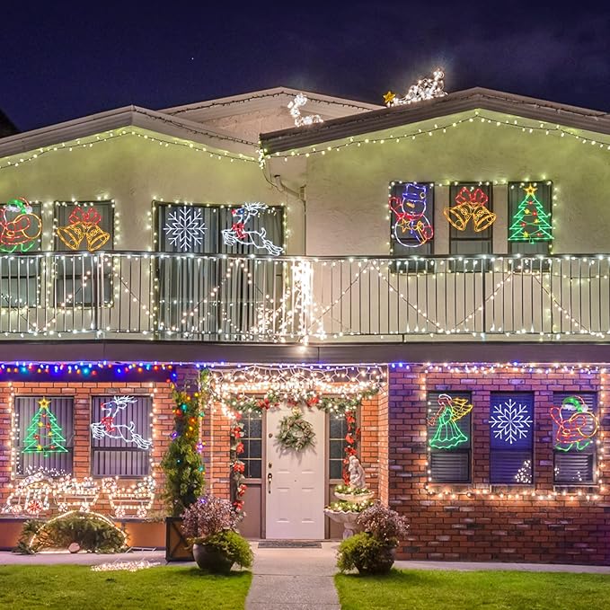 16“ Christmas Window Silhouette Lights Decorations - 4 Pack Colour Lighted Christmas Tree & Snowflake & Snowman & Santa for Holiday Indoor and Outdoor Wall Door Window Decorate