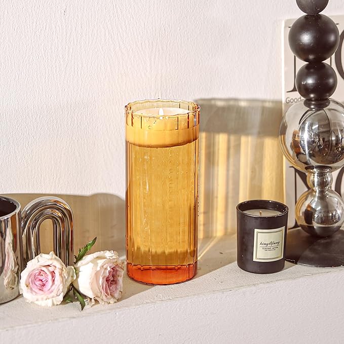 ComSaf Glass Cylinder Vases, Bud Vase for Centerpieces, 8 Inch Tall Ribbed Vase Hurricane Floating Candle Holder, Decorative Flower Vases for Wedding Reception, Home Decor, Housewarming Gift (Amber)