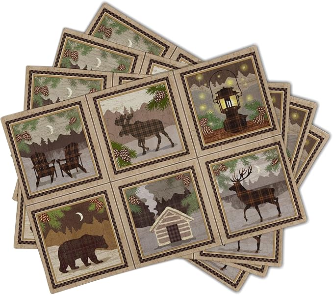 Giwawa Vintage Bear Deer Placemats Rustic Wildlife Moose Forest Animal Cabin Lodge Lake Pine Cone Heat-Resistant Linen Table Place Mats Set of 4 for Dining Kitchen Country Camp Style Farmhouse Decor