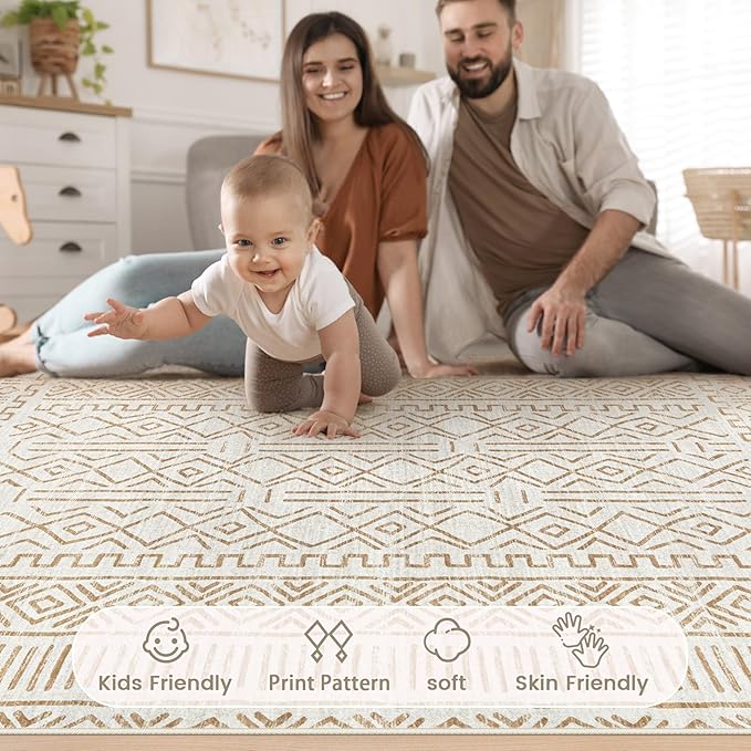 8x10 Area Rug Living Room: Washable Boho Geometric Moroccan Rug Neutral Modern Farmhouse Indoor Soft Non Slip Ultra Thin Large Printed Pattern Carpet for Bedroom Home Office (BeigeBrown, 8'x10')