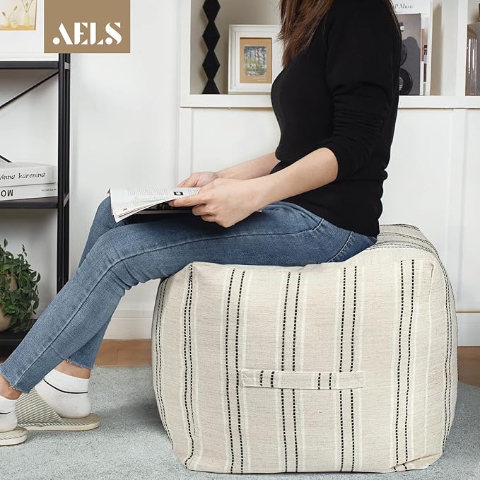 AELS Unstuffed Farmhouse Pouf Cover for Living Room, Boho Storage Bean Bag Cubes, Beige with Black Stitch Yarn Dyed Stripe Linen Square Ottoman Pouf Foot Rest Footstool, 18"x18"x18", Cover ONLY