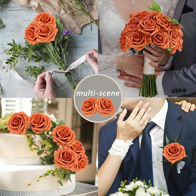 200PCS Artificial Flowers Burnt Orange Roses Real Looking Foam Fake Roses with Leaves and for DIY Wedding Bouquets Bridal Shower Centerpieces Party Decorations (Burnt Orange, 200)