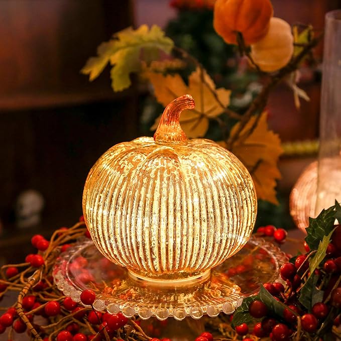 Mercury Glass Light up Pumpkin with Timer- Fall Decoration for Home-Lamps for Festive Decoration-Halloween Decorations (Gold)