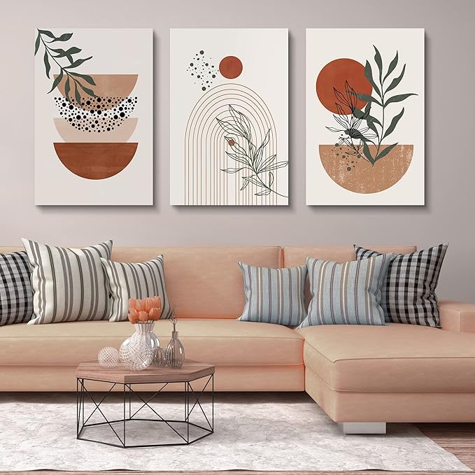 Boho Wall Art Prints,Boho Wall Decor, Mid Century Modern Wall Art,Set of 3 Prints, Abstract Geometric Prints Black Beige Terracotta Minimalist Art, Natural Framed Canvas Prints Artwork For Living Room