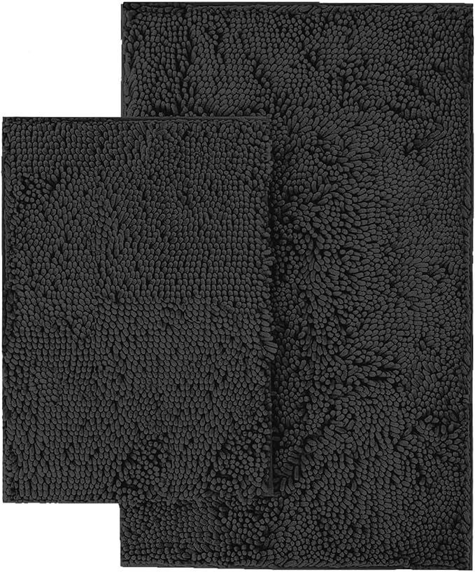 LuxUrux 2 Piece Bathroom Rug Set - Premium Plush Bath Mat Shower Rugs, 1" Chenille Microfiber, Non-Slip & Absorbent, Soft & Cozy, Durable Stylish (20x30 & 16x24 inches, Black)