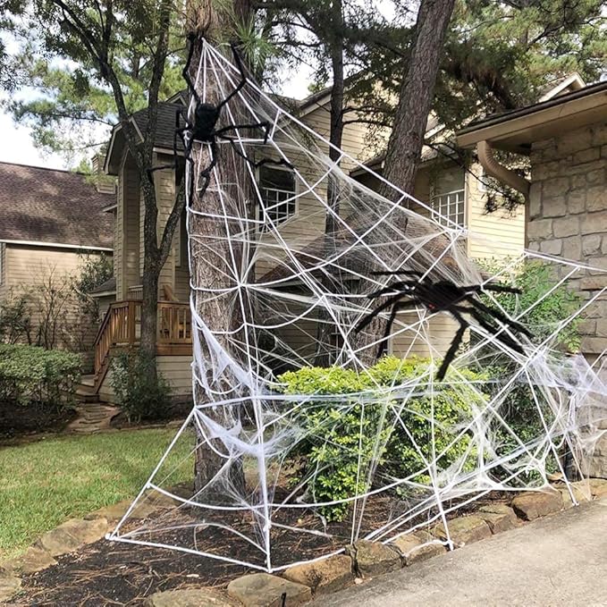 Halloween Decoration Outdoor Spider Web Decor 16ft with Giant Spider and Stretchy Dense Spider Silk Rope and 2 Small Spiders Triangular Huge Spider Web for Yard Outside Indoor