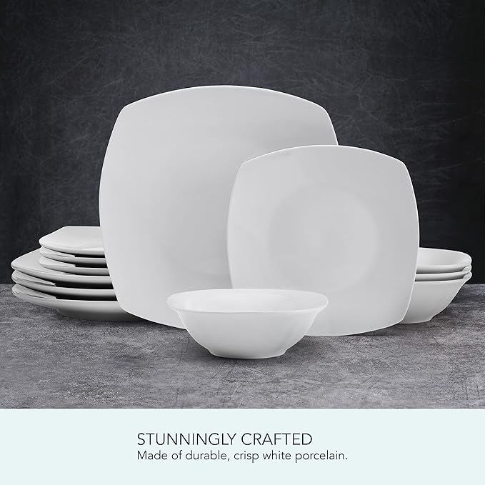 Studio Nova Tara 12 Piece Square Dinnerware Set, Service for 4, White