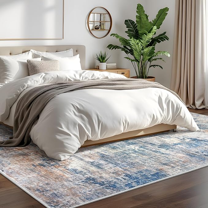 IOHOUZE Abstract Area Rugs 6x9 Ft Washable Rugs for Living Room, Non Slip Dining Room Rug, Printed Faux Wool Rugs for Bedroom, Floor Carpet for Office Nursery Playroom, Blue Rust