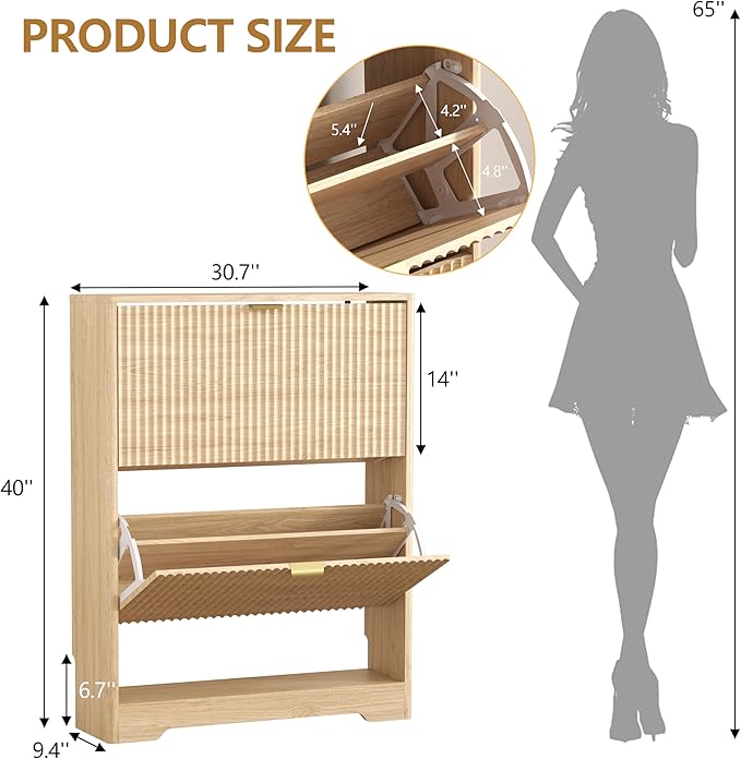 Shoe Cabinet Storage for Entryway with 2 Flip Drawers, Oak Fluted Shoe Cabinet with Open Storage, Wooden Hidden Shoe Rack Freestanding Narrow Slim Shoes Organizer for Hallway, Entrance