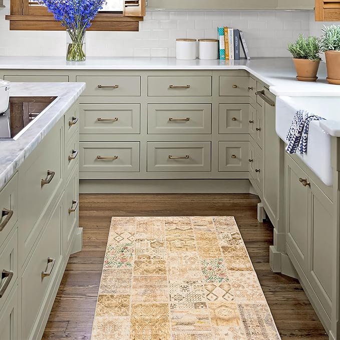 Boho Kitchen Rug Washable,4x6 Non Slip Small Area Rug for Bathroom Bedroom Indoor Entrway Ultra Thin Fit Under Door,Light Tan Beige Brown and Blush Pink Green
