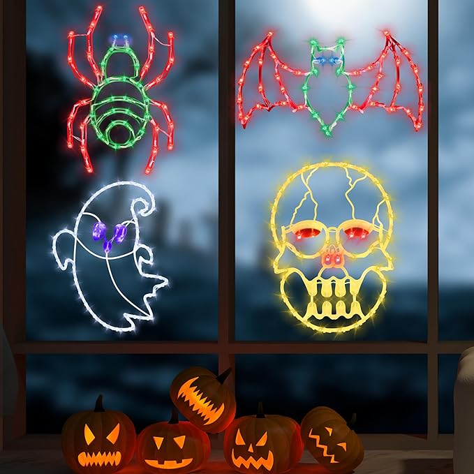 Halloween Window Lights - 16" Halloween Window Silhouette Holiday Displays - 4 Pack Colour Lighted Bats & Ghost & Spider & Skull Head for Holiday Indoor and Outdoor Wall Door Window Decorate
