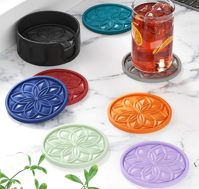 HFHOME Silicone Coasters Set with Holder - 6 Pack Drink Coasters for Coffee Table, Bar Tabletop Protection - Orange