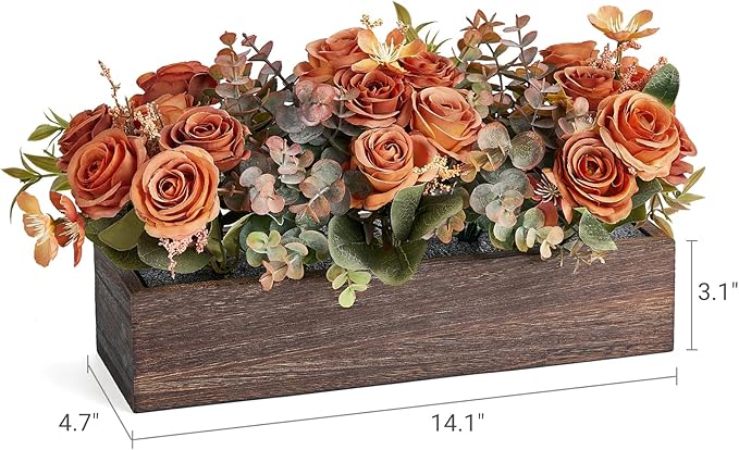 Dahey Centerpiece Table Decorations for Dining Room Farmhouse Living Room Table Centerpieces Decor Wood Tray with 3 Artificial Flowers and 2 Eucalyptus for Kitchen Table, 14.1" x 4.7" x 3.1", Orange