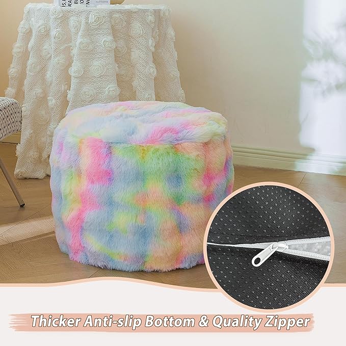 LIFEREVO Faux Rabbit Fur Round Inflatable Pouf Ottoman, 20" X 16" Waffle Bubble Floor Poufs Foot Stool Rest Anti-Slip Living Room Bedroom, Tie Dye Furry Foldable Ottoman Seat Home Decor, Rainbow