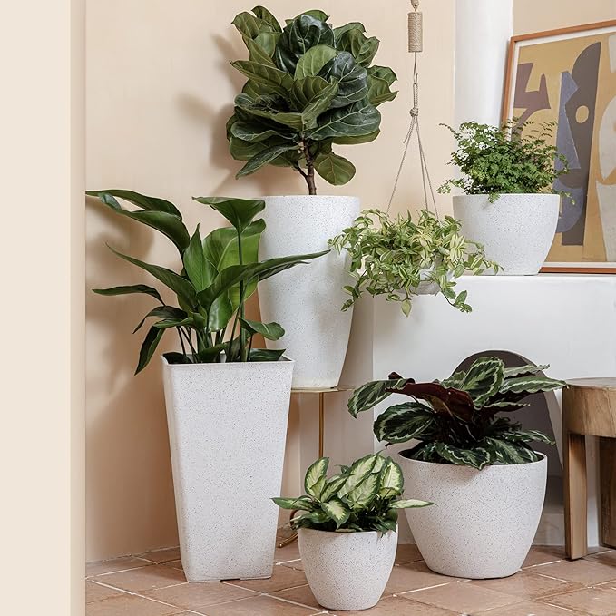 LA JOLIE MUSE Flower Pots Outdoor Indoor Planter - 11.3 inch Garden Plant Pots Tree Planter for Patio, Deck,Garden,Speckled White,Set of 2