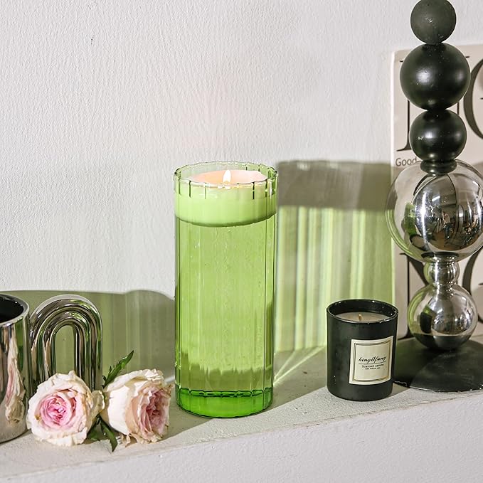ComSaf Glass Cylinder Vases, Bud Vase for Centerpieces, 8 Inch Tall Ribbed Vase Hurricane Floating Candle Holder, Decorative Flower Vases for Wedding Reception, Home Decor, Housewarming Gift (Green)